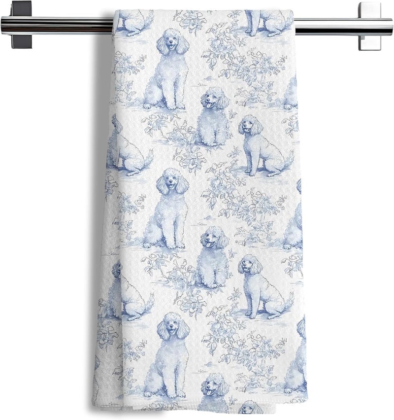 Nipil Chinoiserie Poodle Decor Kitchen Towels, Blue and White Botanical Grandmillennial Dog Decorative Dish Tea Towels,Poodle Gifts for Kitchen Bathroom Decor, 16x24 Inch - Image 1